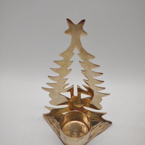Vintage Lot of 3 Christmas Brass Votive Pillar Candle Holders, Tree Star Wreath - Picture 5 of 17